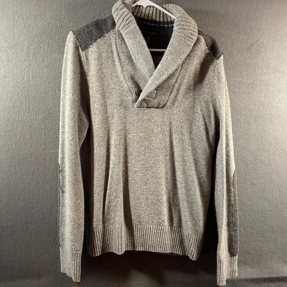 Banana Republic men merino wool Sweater medium gray Elbow Patch Grey minimalist